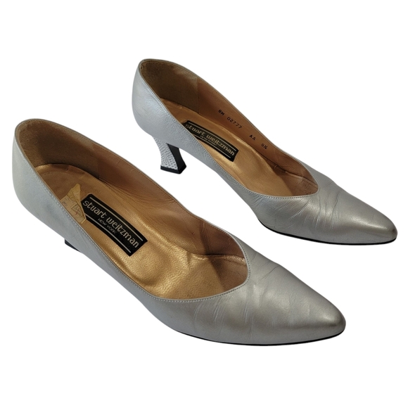 VTG Stuart Weitzman Corniche Mid Silver Pump 8.5 Leather Old Money Office Siren - Picture 1 of 12